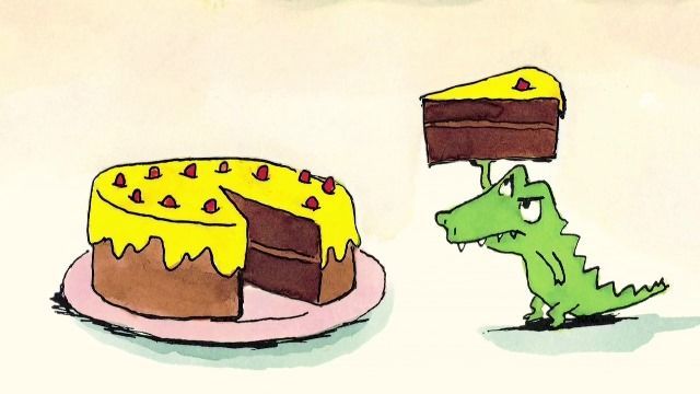 Petit crocodile vert mal aimable qui tient une part de gâteau 